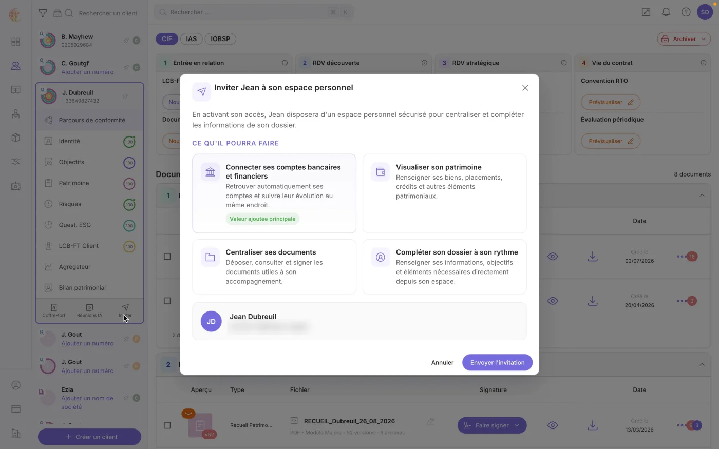 La fenêtre d'invitation du client à son espace personnel dans la Suite Majors