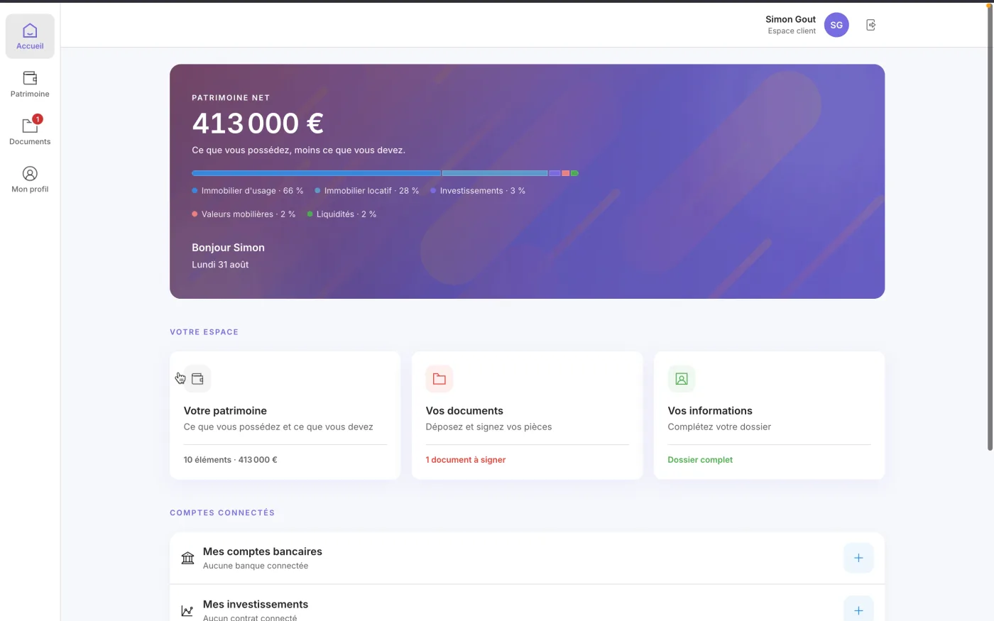 L'accueil de l'espace client : patrimoine net et comptes connectés