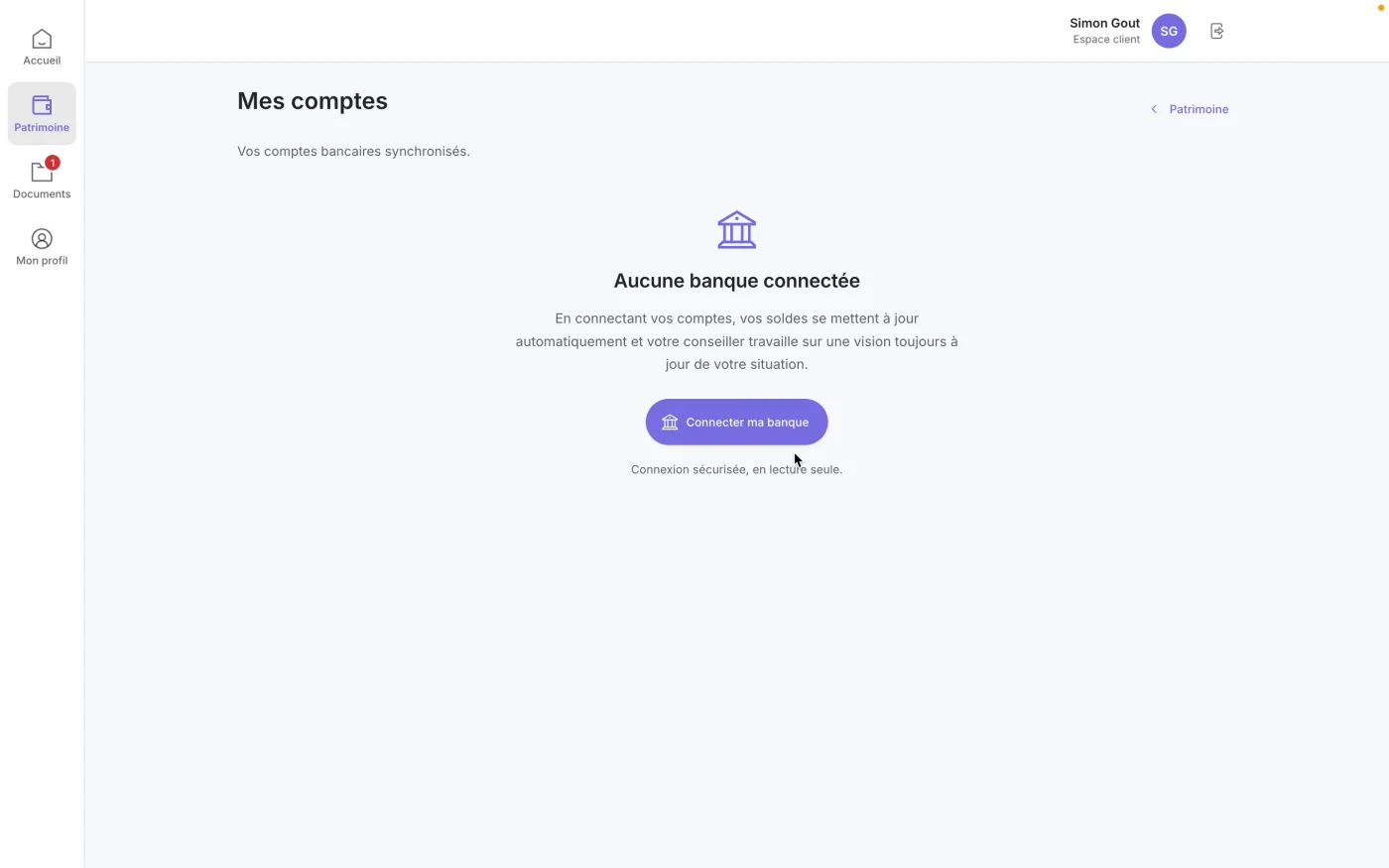 L'écran Aucune banque connectée et le bouton Connecter ma banque dans l'espace client