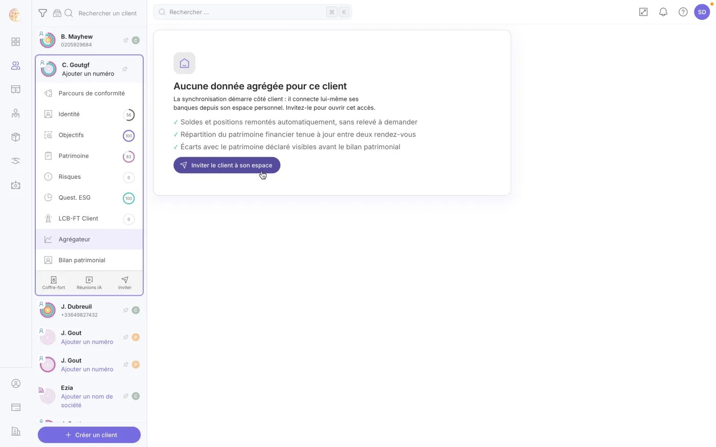 L'onglet Agrégateur avant toute connexion, avec le bouton d'invitation du client