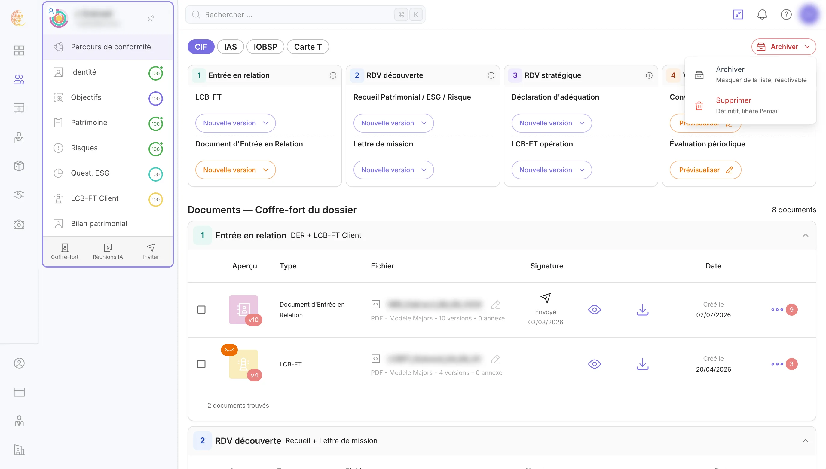 Le bouton Archiver en haut à droite du dossier client