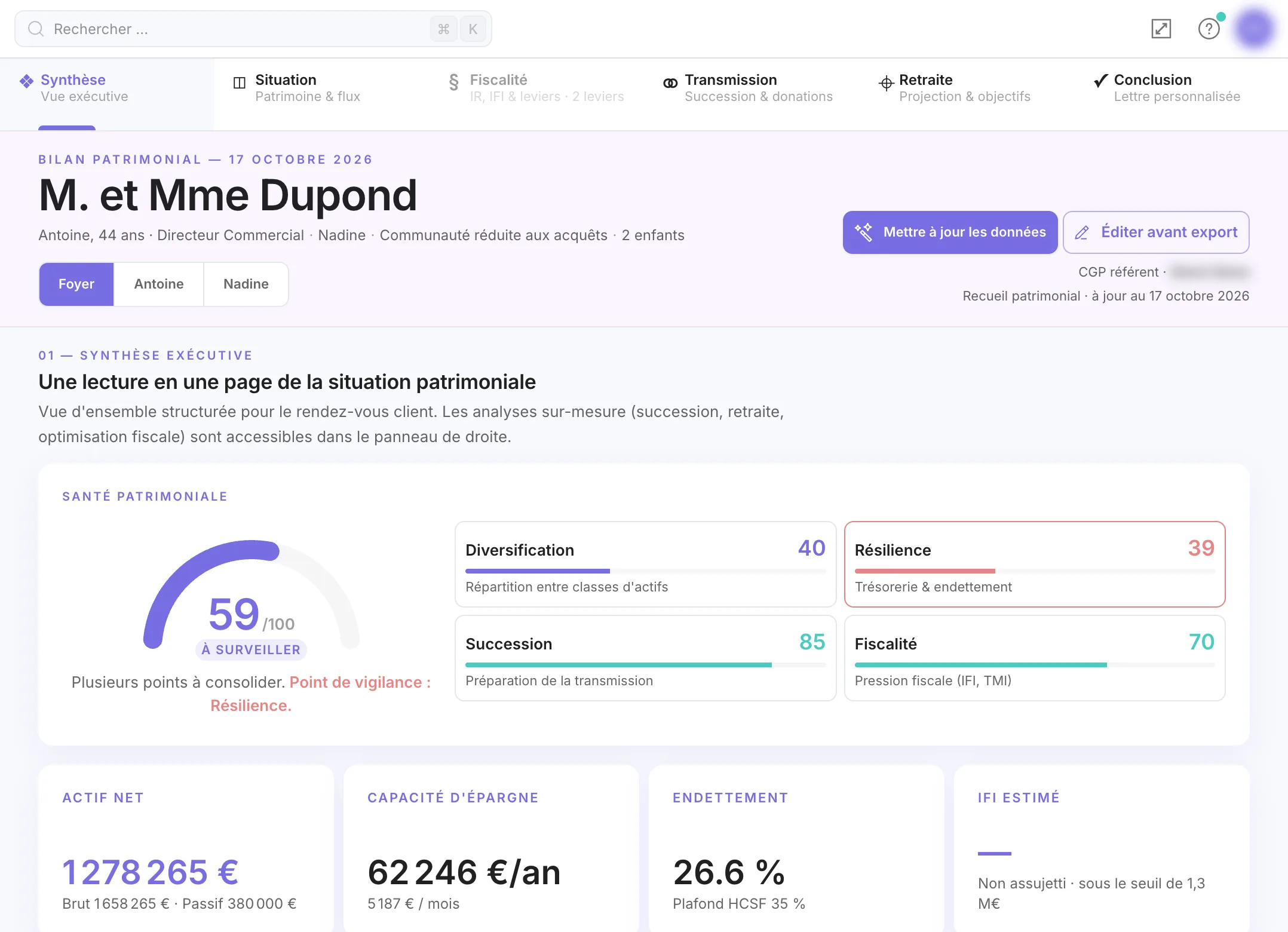Le bilan patrimonial en vue Foyer : boutons Foyer, Antoine, Nadine et indicateurs du couple