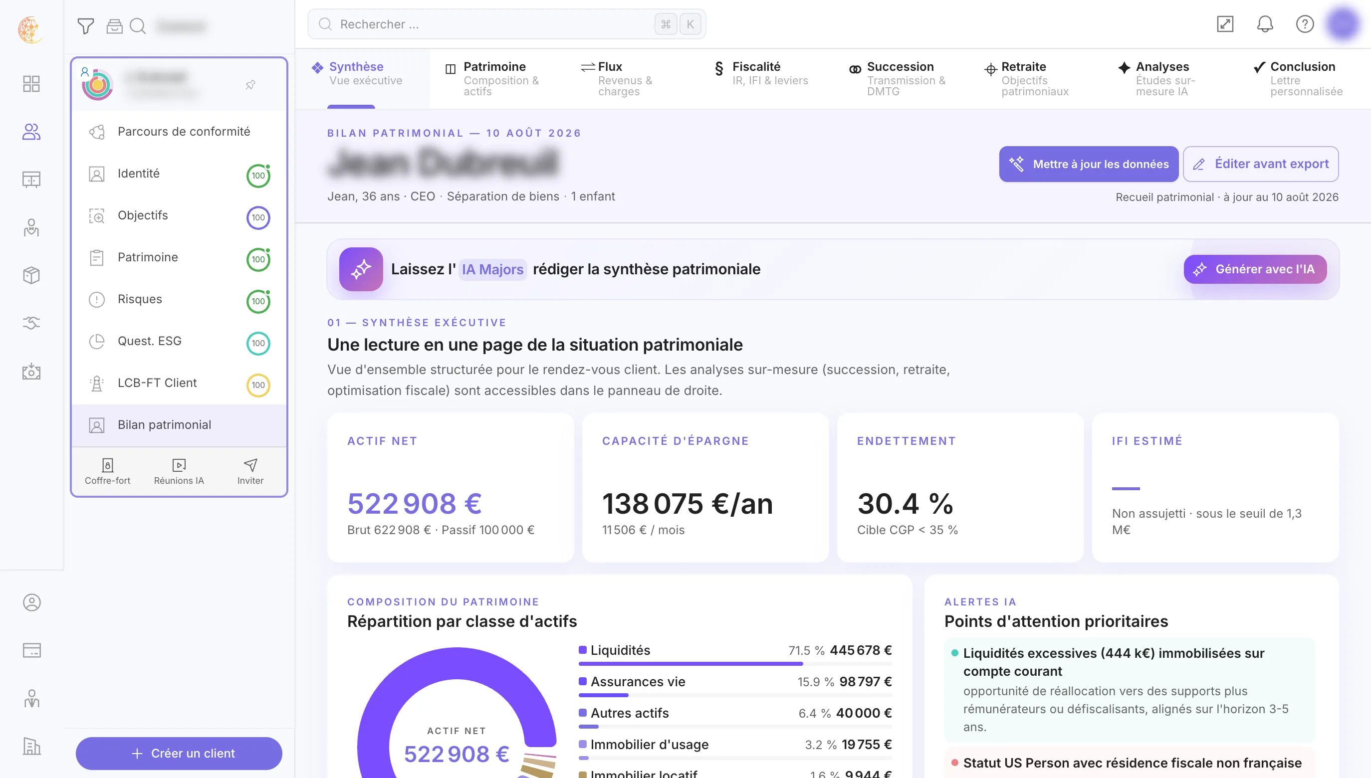 Le bilan patrimonial : synthèse exécutive avec actif net, capacité d'épargne, endettement et IFI estimé