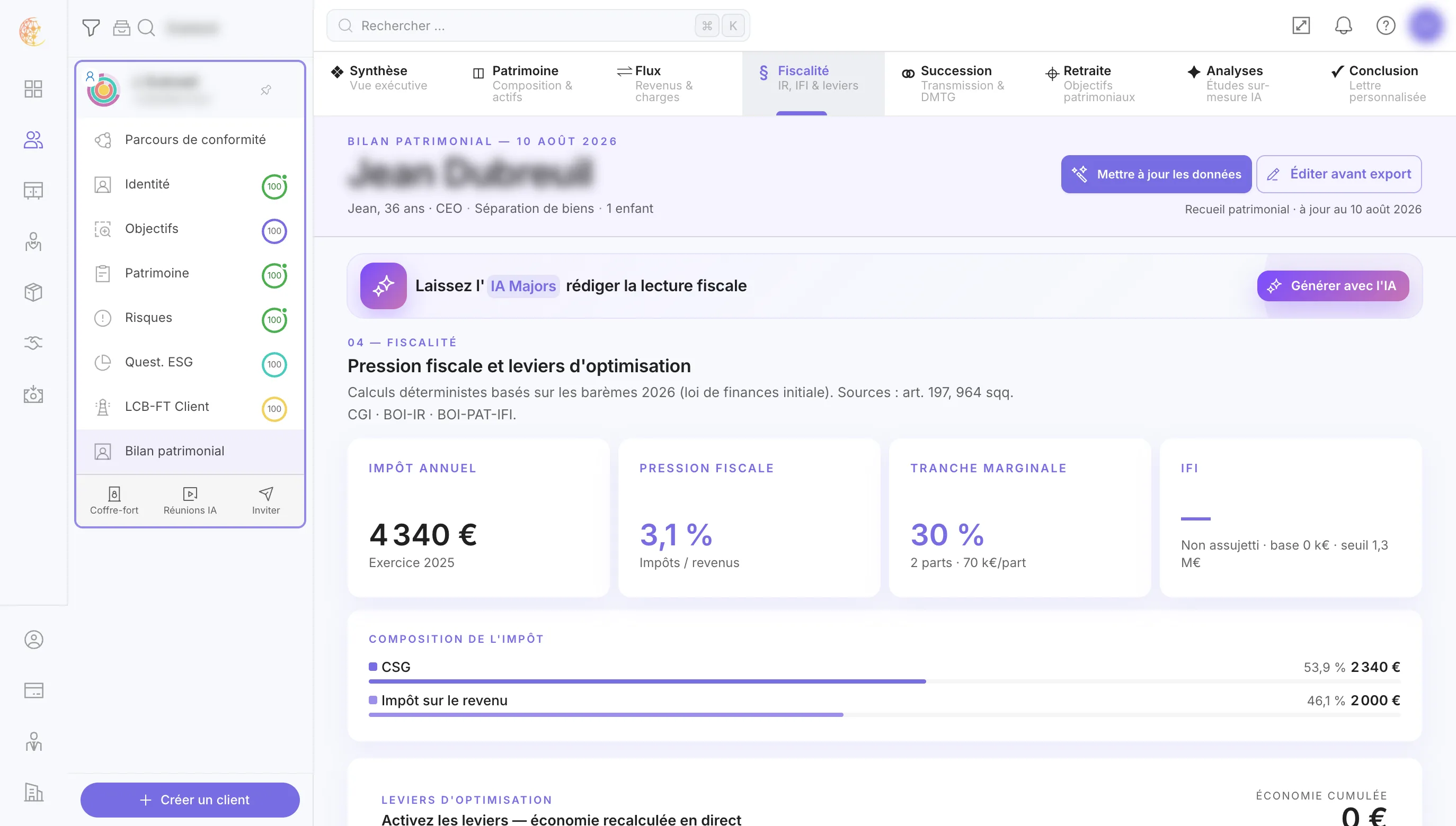 L'onglet Fiscalité : IR, IFI et leviers d'optimisation