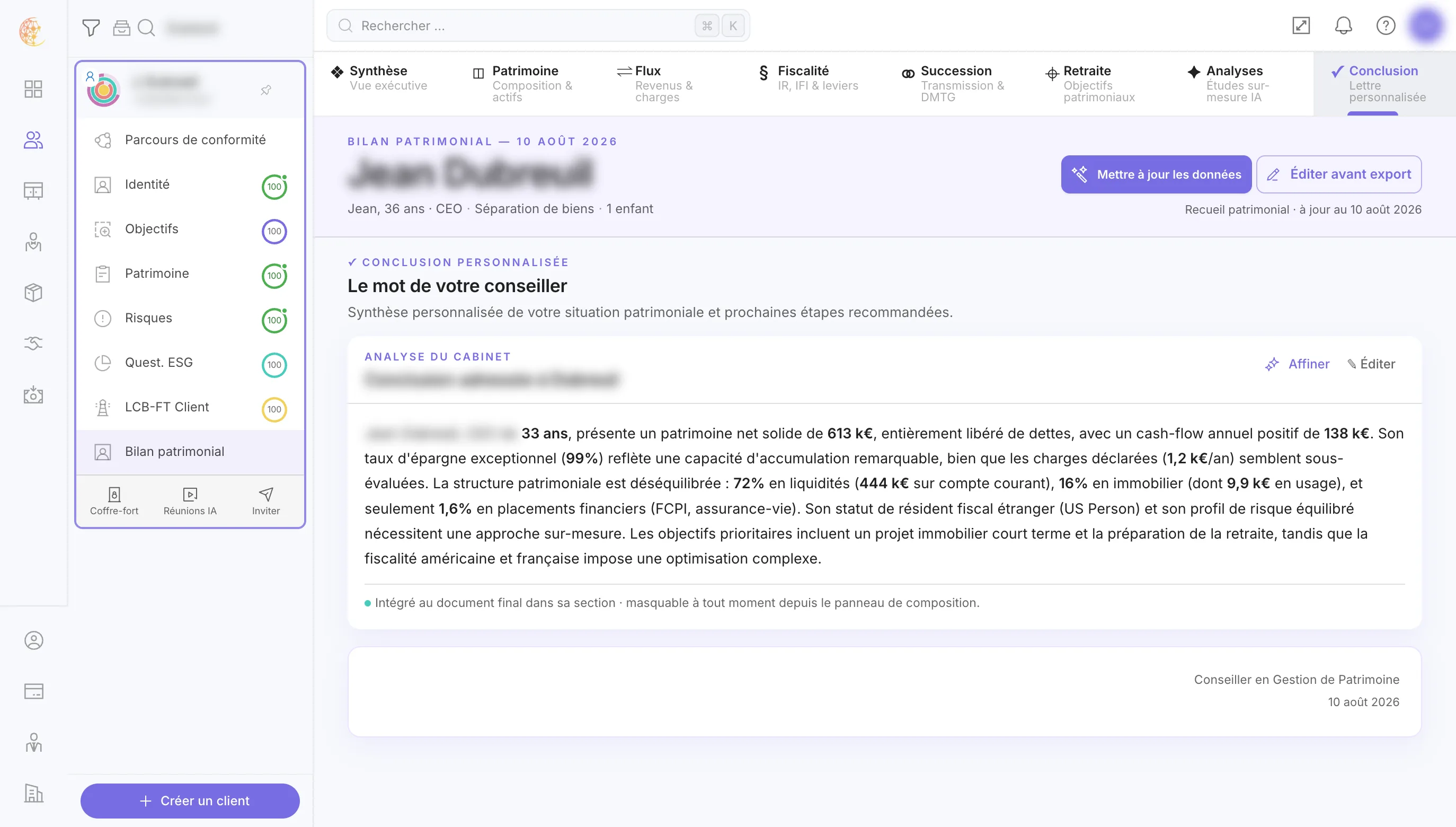 L'onglet Conclusion : la lettre personnalisée du bilan