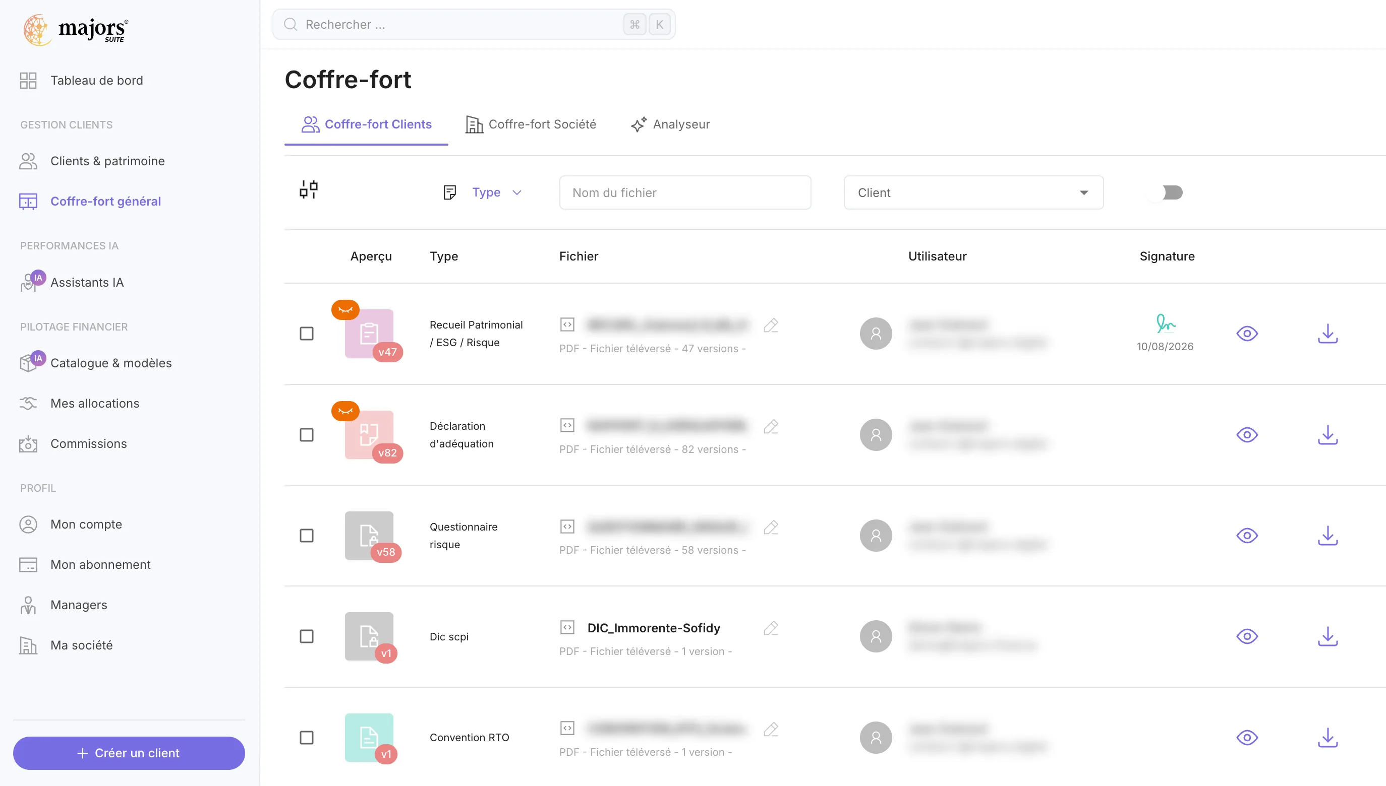 Le coffre-fort général : filtres par type, fichier et client, versions et signatures