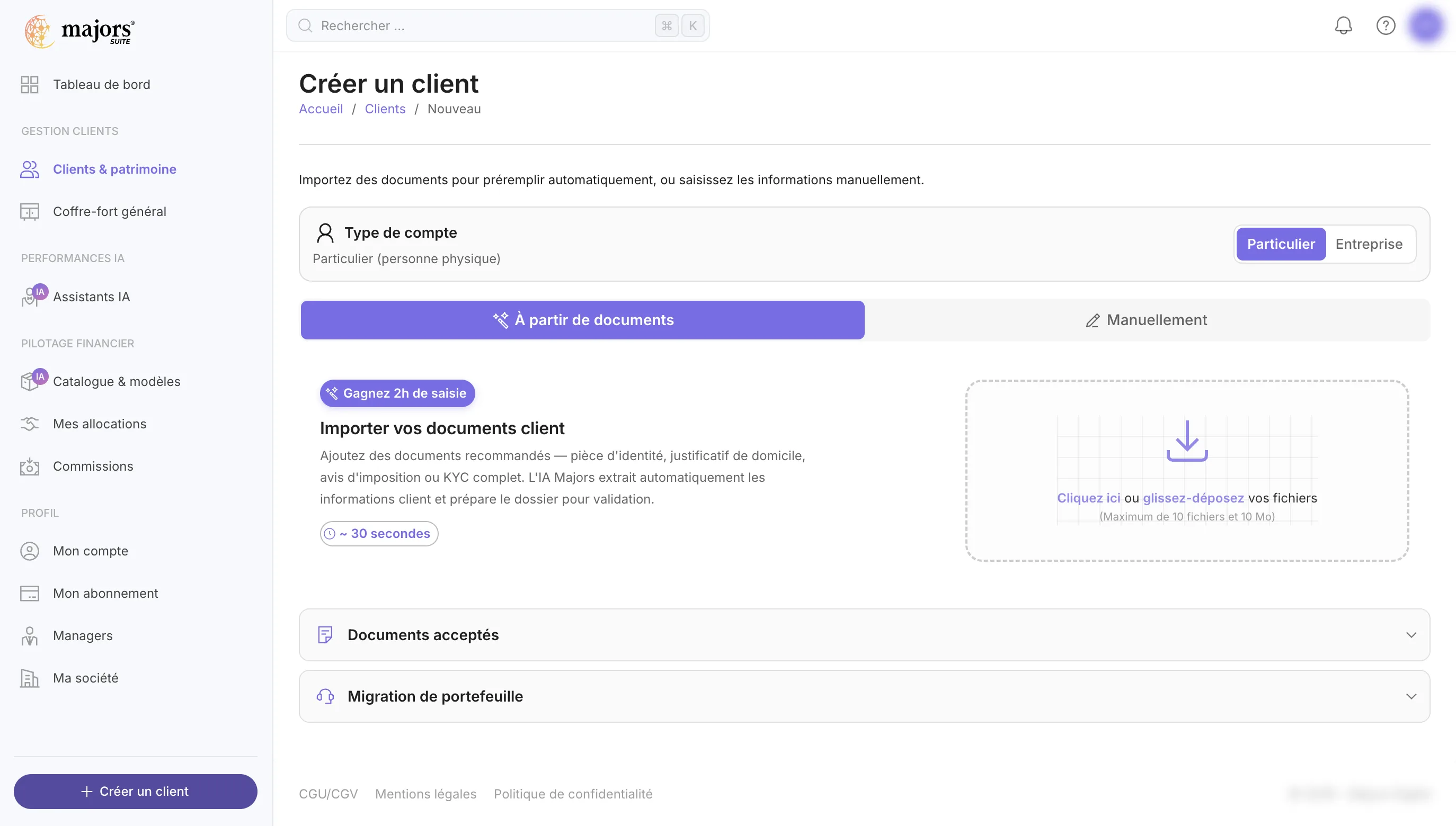 La page Créer un client : type de compte et création à partir de documents