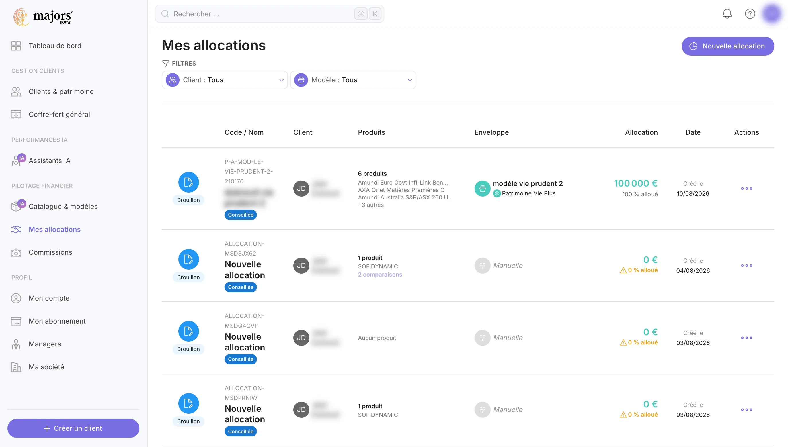 La page Mes allocations avec la liste des allocations et le bouton Nouvelle allocation