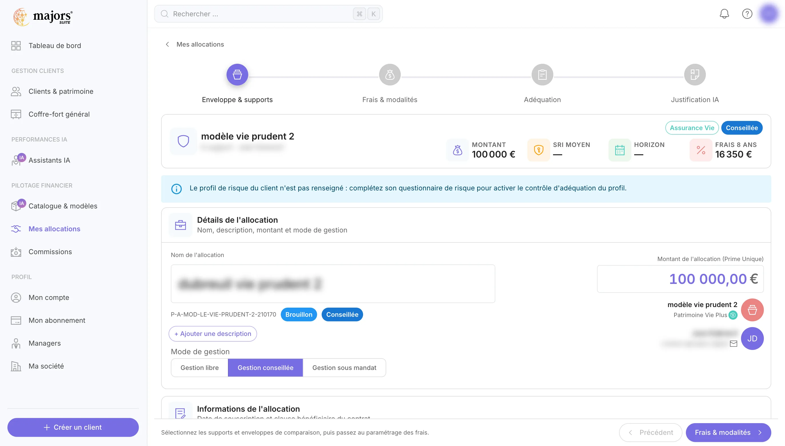 Étape Enveloppe et supports : détails de l'allocation, montant et mode de gestion