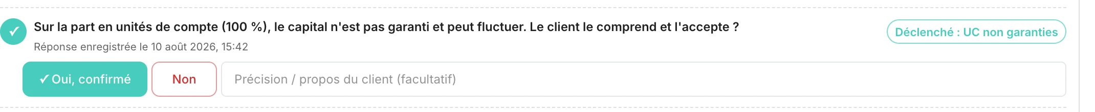 Une question d'adéquation avec réponse confirmée et badge Déclenché : UC non garanties