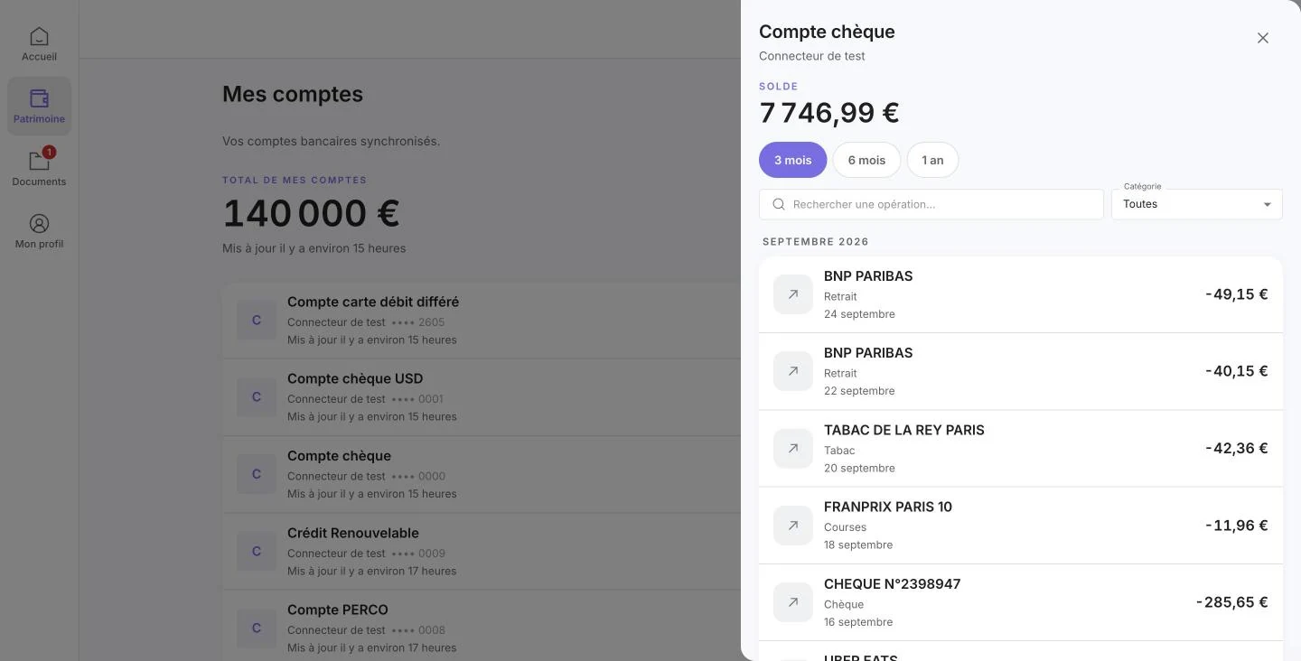 Volet des opérations d'un compte : période, recherche et catégories