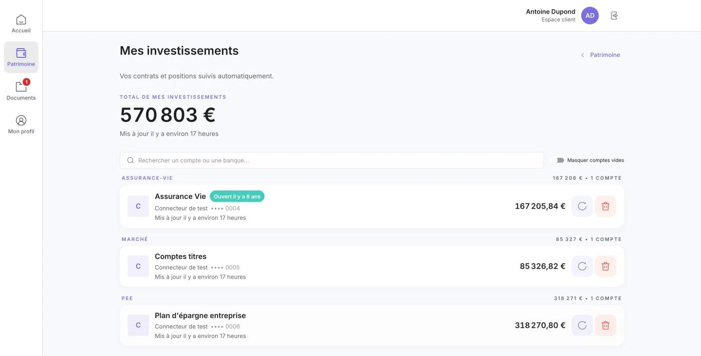Investissements regroupés par nature : assurance-vie, marché, PEE