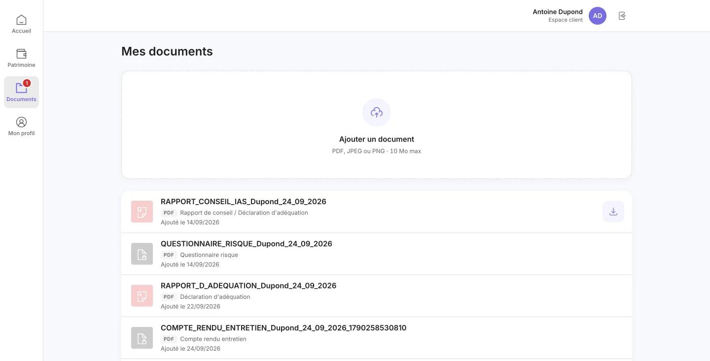 La rubrique Mes documents : zone de dépôt et liste des documents du dossier