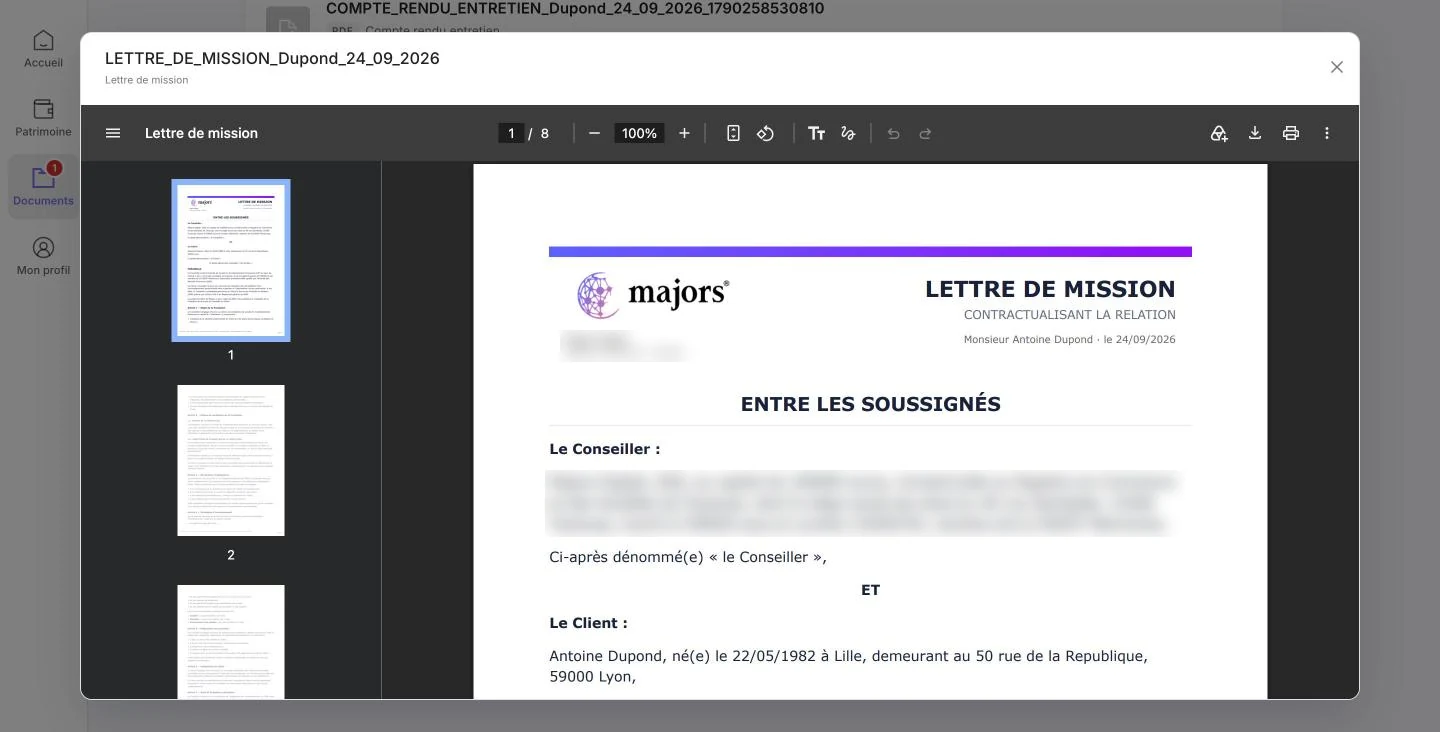 Aperçu intégré d'une lettre de mission dans l'espace client