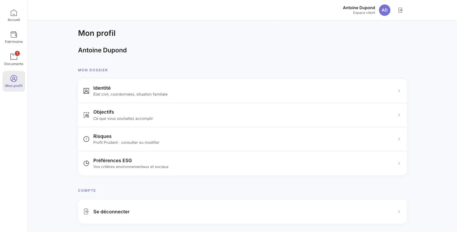 La page Mon profil de l'espace client et ses quatre rubriques