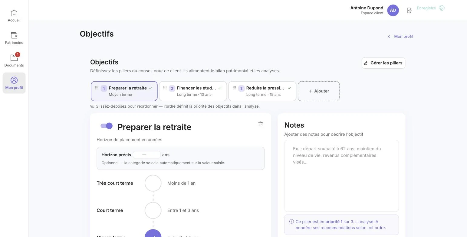 Objectifs du client : cartes réordonnables, horizon et notes