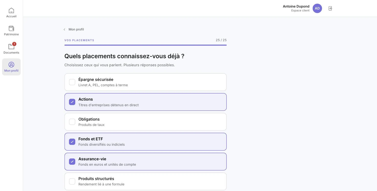 Une question du questionnaire de risque, formulée pour le client
