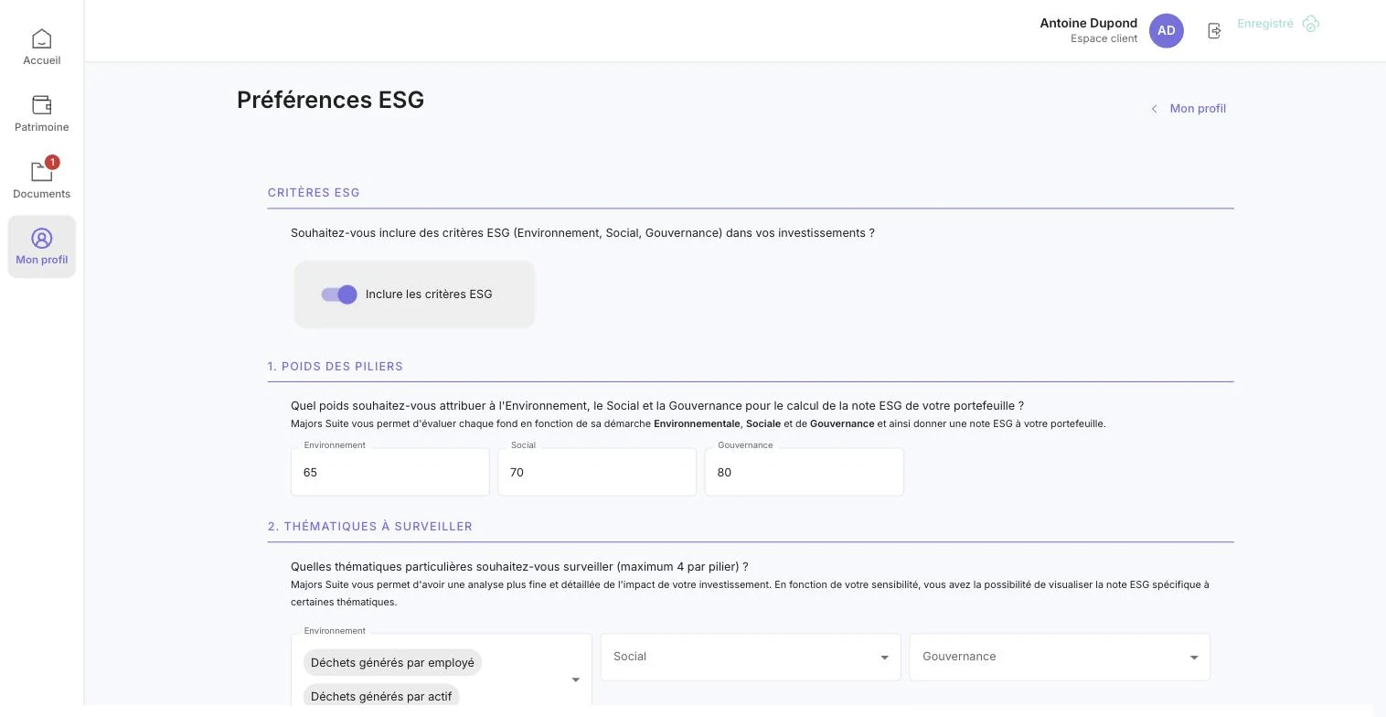 Préférences ESG : poids des piliers, thématiques et exclusions