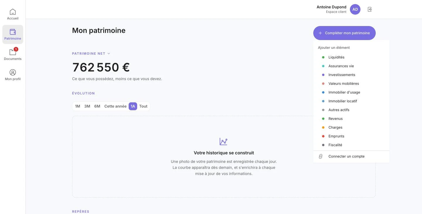 Menu Compléter mon patrimoine : les onze catégories et Connecter un compte