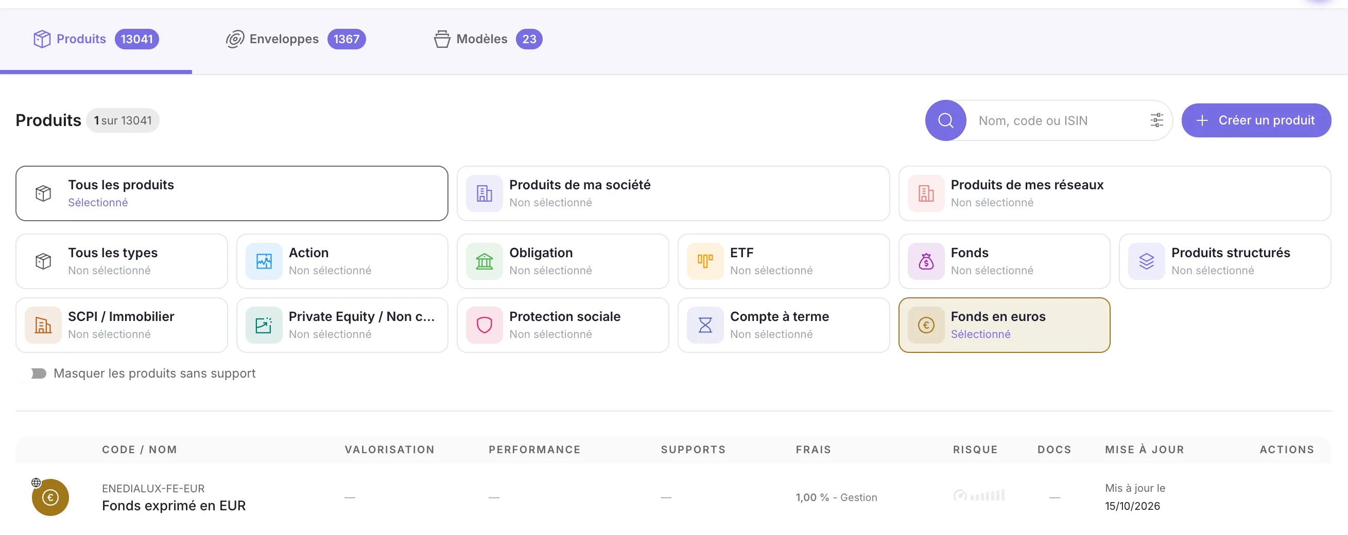 Le catalogue filtré sur la tuile Fonds en euros
