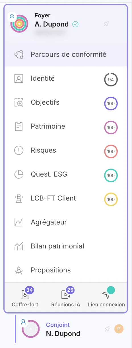 La liste des clients : fiche principale du foyer, conjoint en retrait