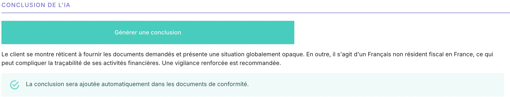 La conclusion LCB-FT générée par l'IA, intégrée aux documents de conformité
