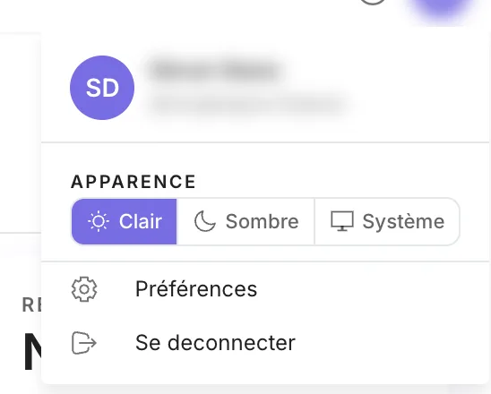 Le menu du compte et la rubrique Apparence : Clair, Sombre, Système