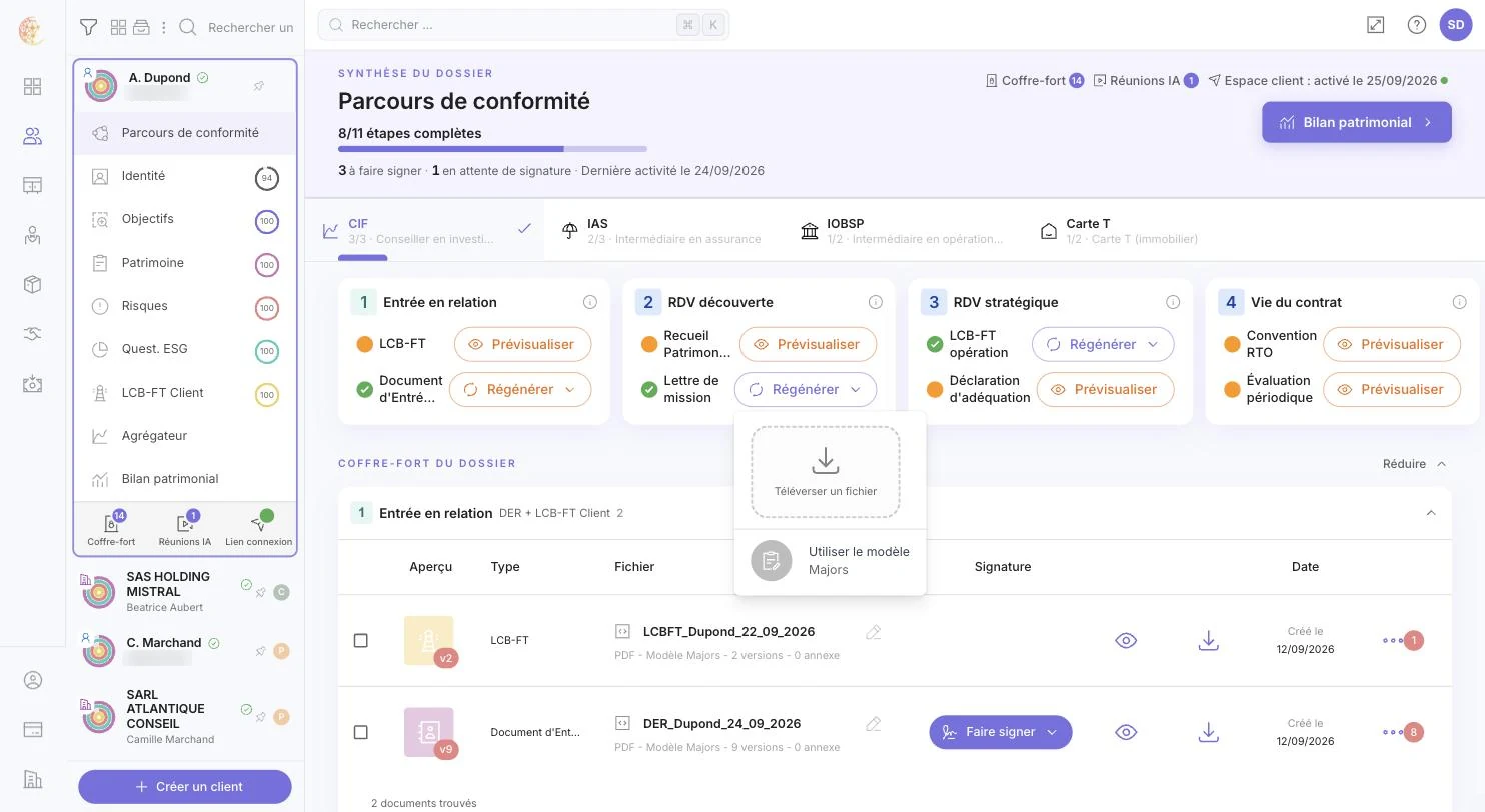 Le menu Régénérer d'un document : Téléverser un fichier ou Utiliser le modèle Majors