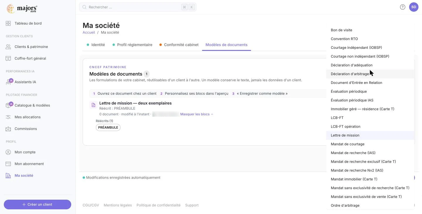 Le sélecteur Document : les types de documents qui acceptent des modèles