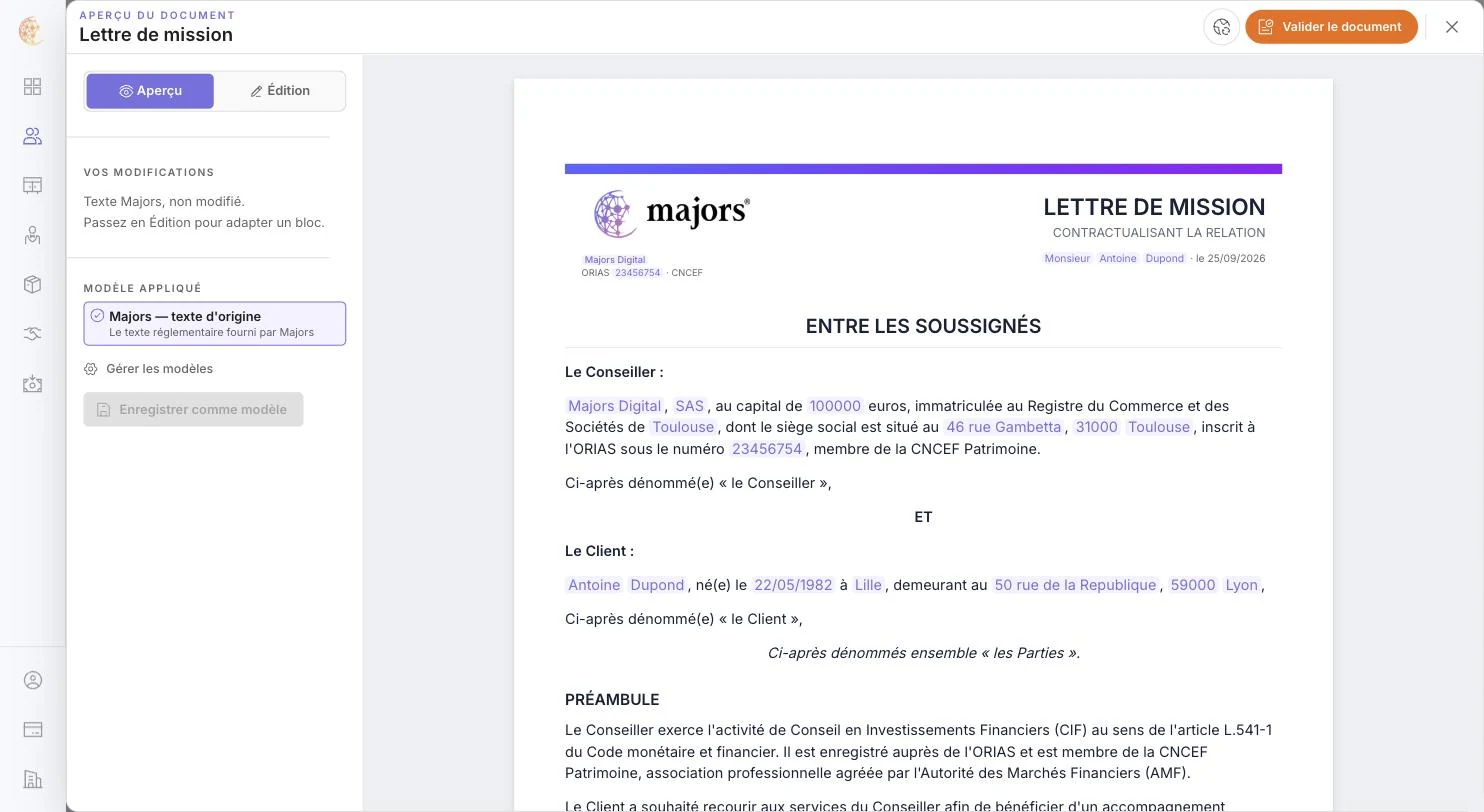L'aperçu d'une lettre de mission : valeurs surlignées et panneau de gauche