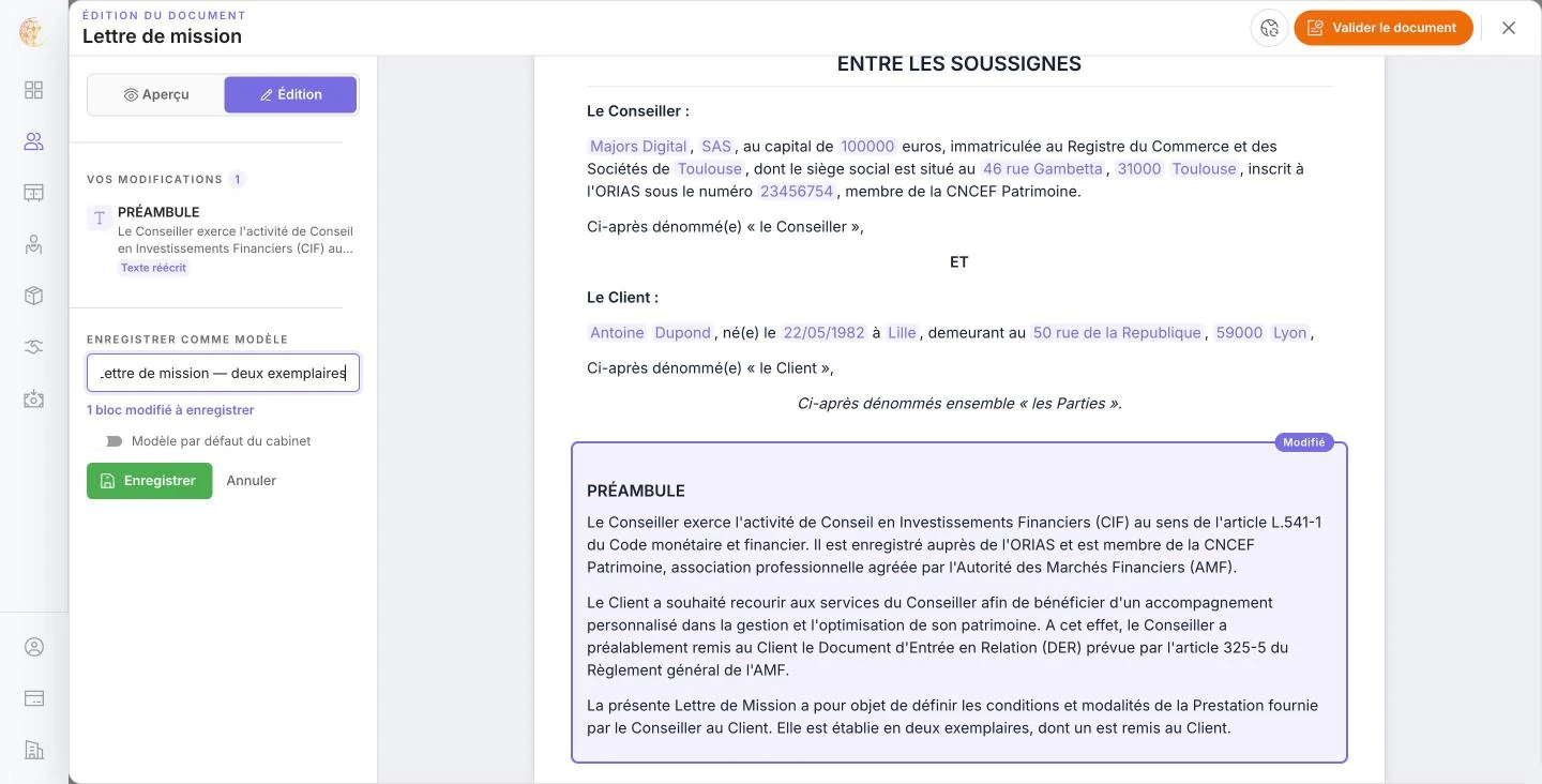 Formulaire Enregistrer comme modèle : nom, nombre de blocs et option Modèle par défaut