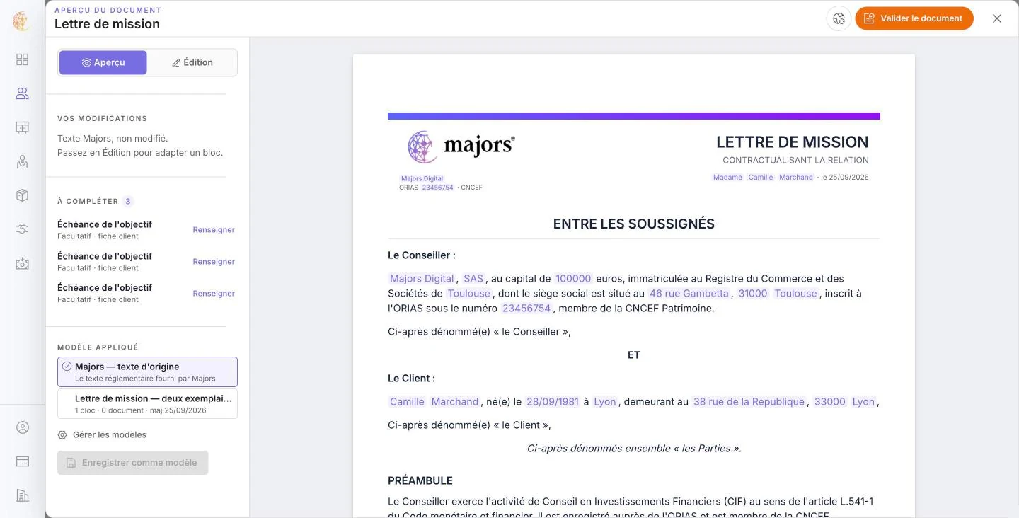 Chez un autre client : la liste des modèles et la rubrique À compléter