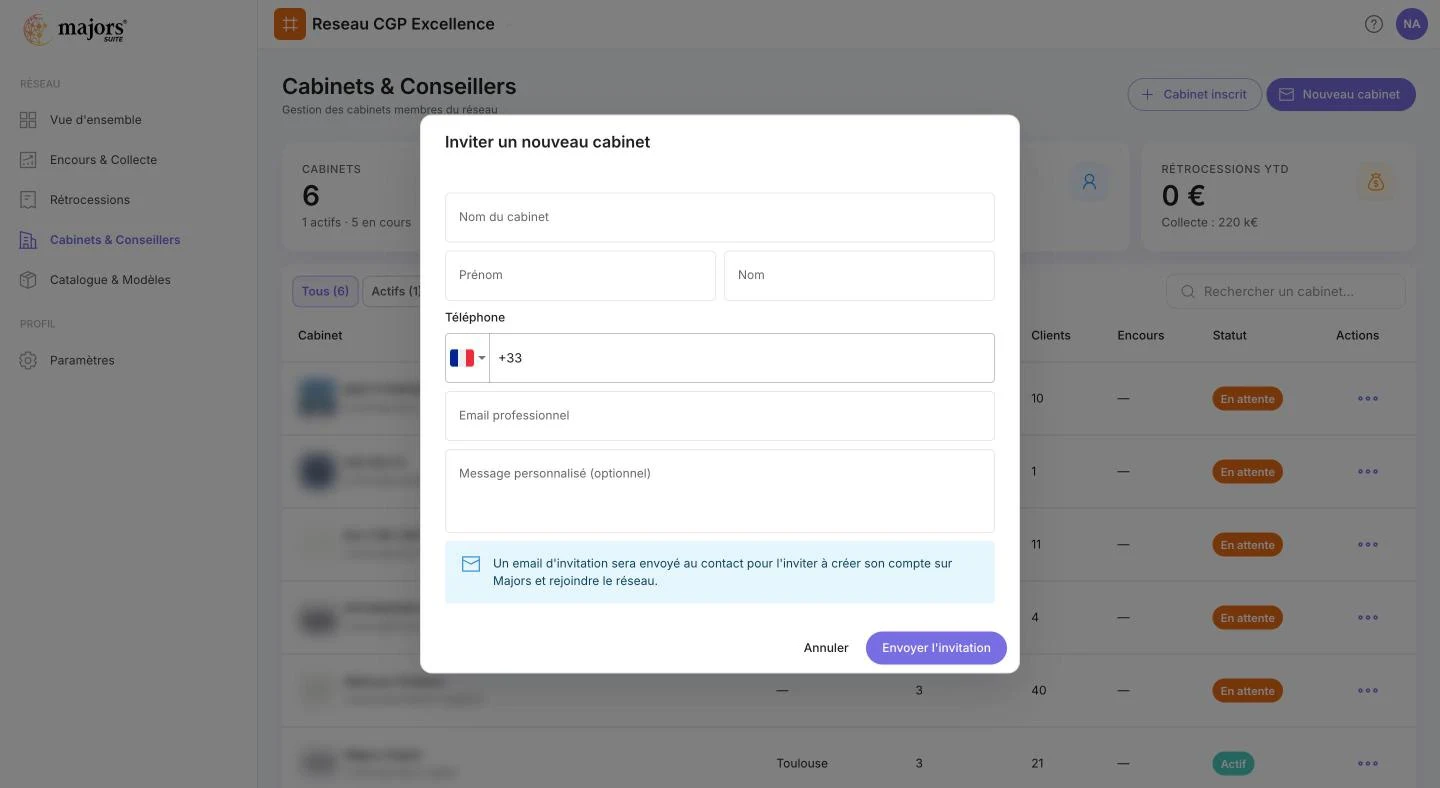 Inviter un nouveau cabinet : formulaire de contact et message personnalisé