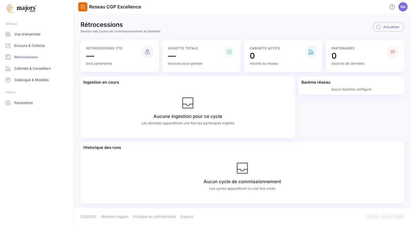Rétrocessions : indicateurs, ingestion en cours, barème réseau et historique des runs