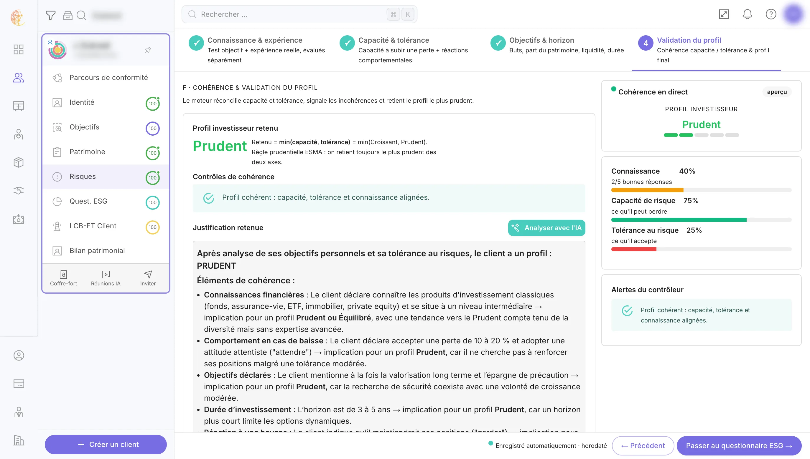 Validation du profil : justification détaillée et analyse IA