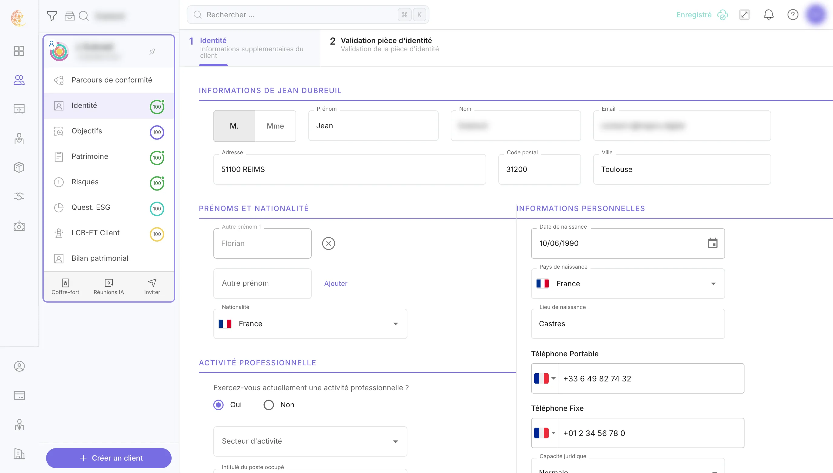 L'onglet Identité de la fiche client