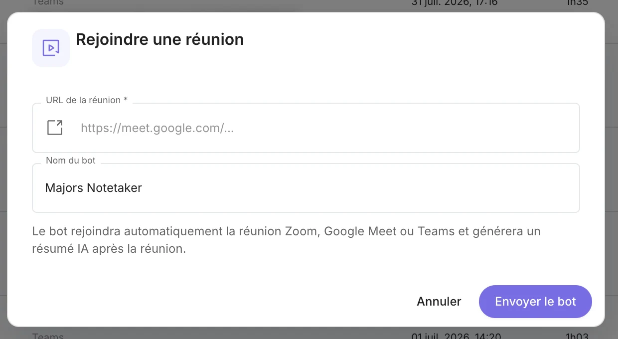 La fenêtre Rejoindre une réunion : URL de la visio et envoi du bot