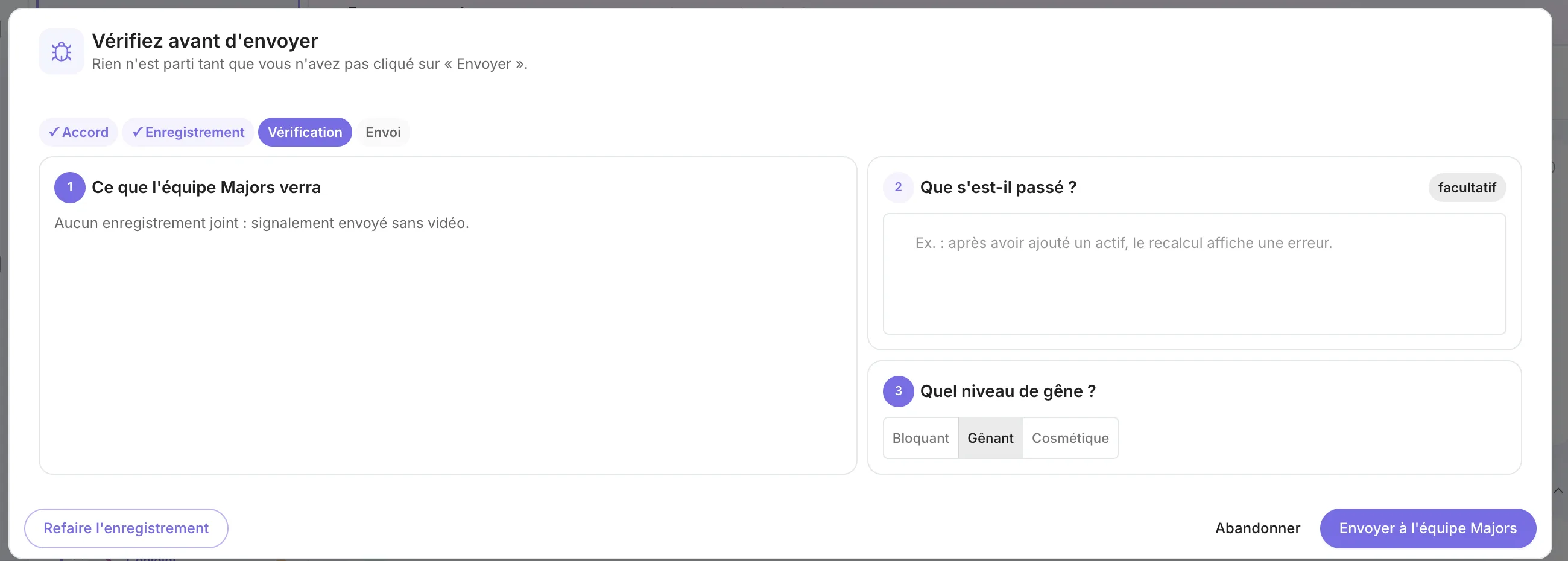 L'écran Vérifiez avant d'envoyer : description facultative et niveau de gêne