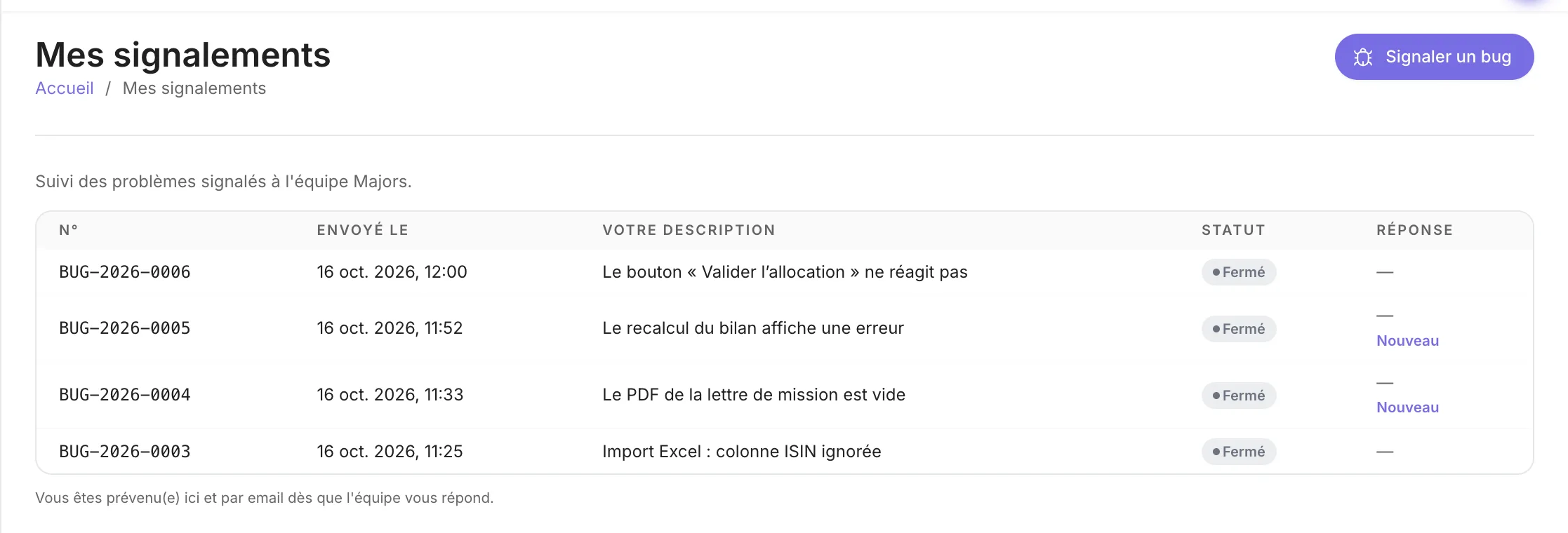La page Mes signalements : numéro, date, description, statut et réponse