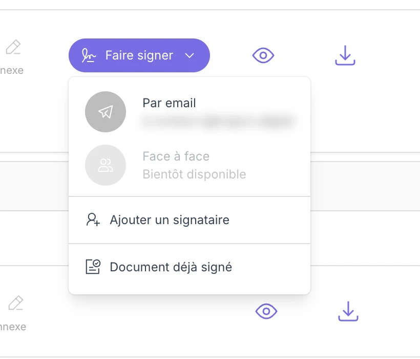 Le menu Faire signer : par email, ajouter un signataire, document déjà signé
