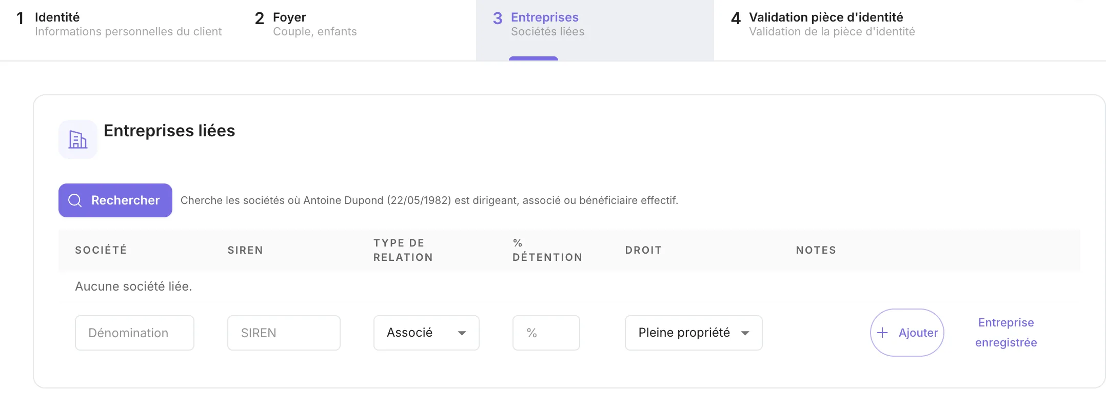 Le sous-onglet Entreprises liées avec le bouton Rechercher