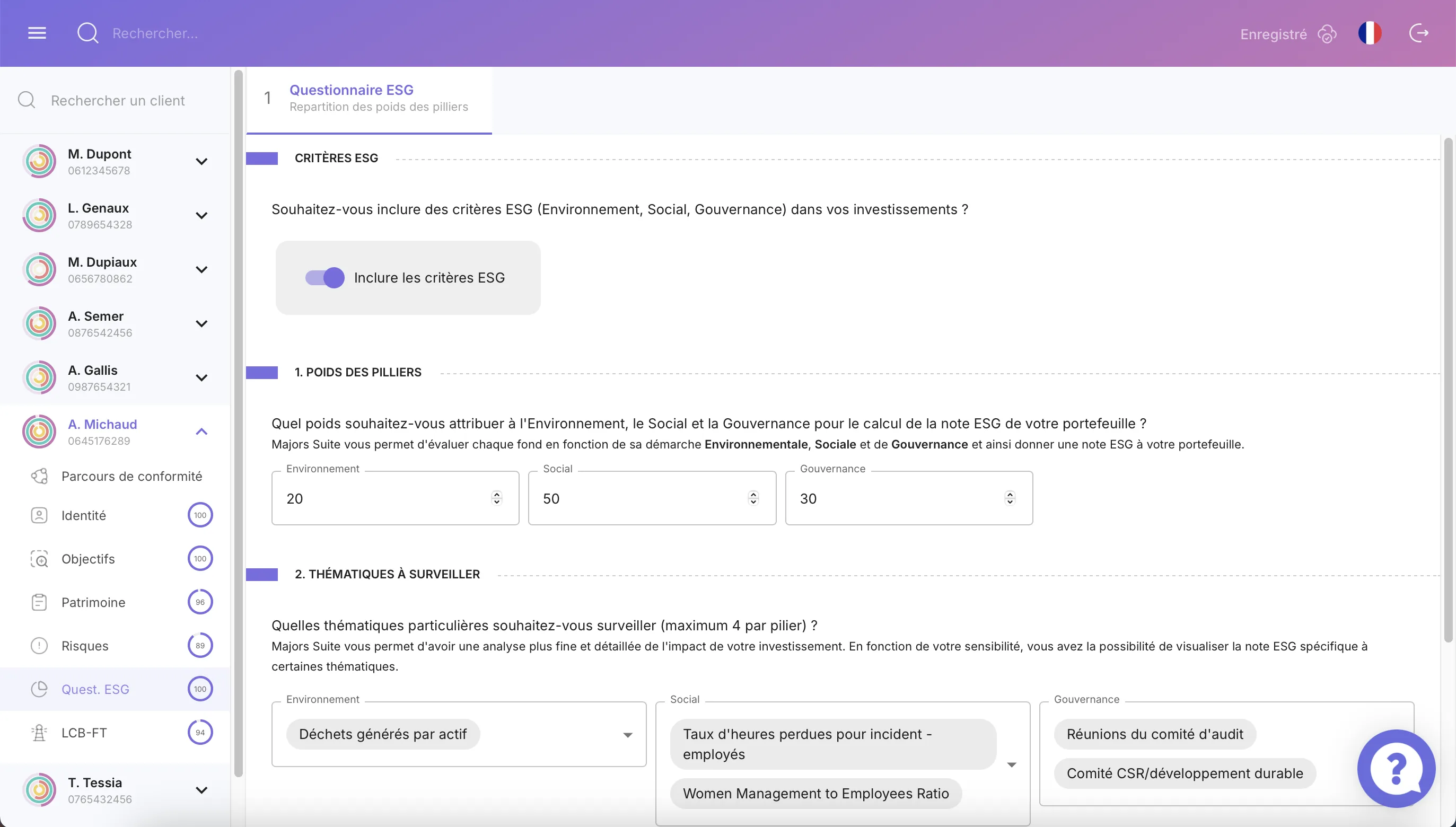 Onglet Questionnaire ESG - KYC Majors